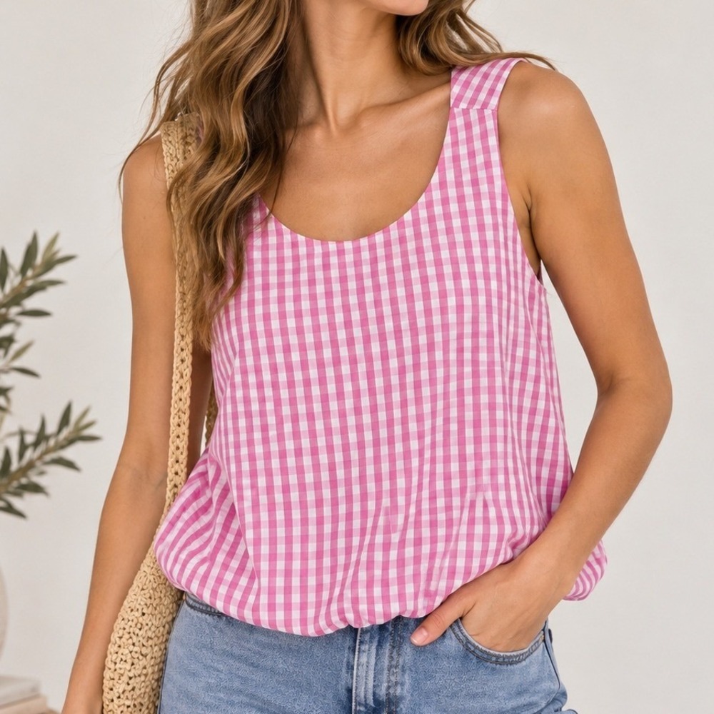 Emerson Lang Pink Gingham Bubble Hem Tank Top Small Cotton Tie Back Coquette